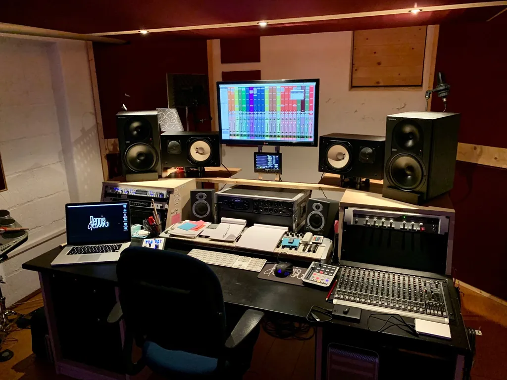 Mix and mastering room at Dennis Geraads Studio with dual monitors, near-field speakers and outboard gear against red acoustic walls